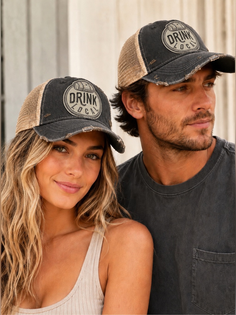 Mason Jar Label “Drink Local” Unisex Vintage Distressed Trucker Hat NWOT